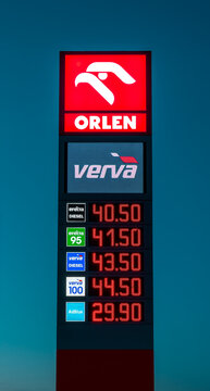 Mitrovice, Czech Republic - September 19 2023: Orlen petrol station with fuel price stand.