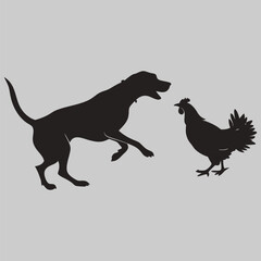 A dog trying to hunt a hen silhouette vector design art and illustration