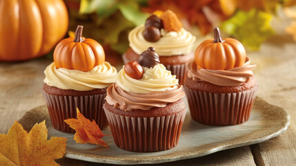 Festive winter-themed cupcakes, beautifully frosted with smooth, creamy icing and adorned with charming decorations of pumpkins, autumn leaves, and acorns.