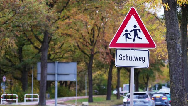 German School Route Warning Road Sign