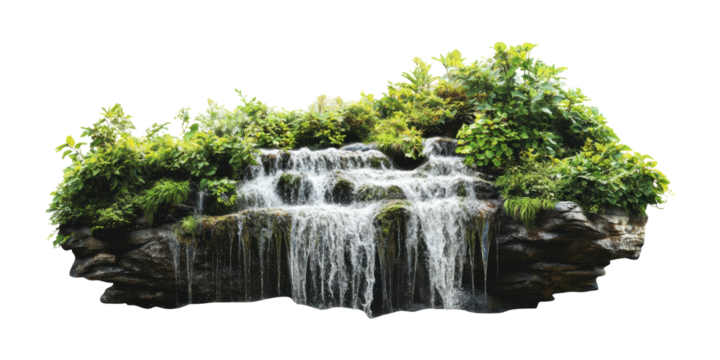 Lush greenery cascading waterfall isolated on transparent background