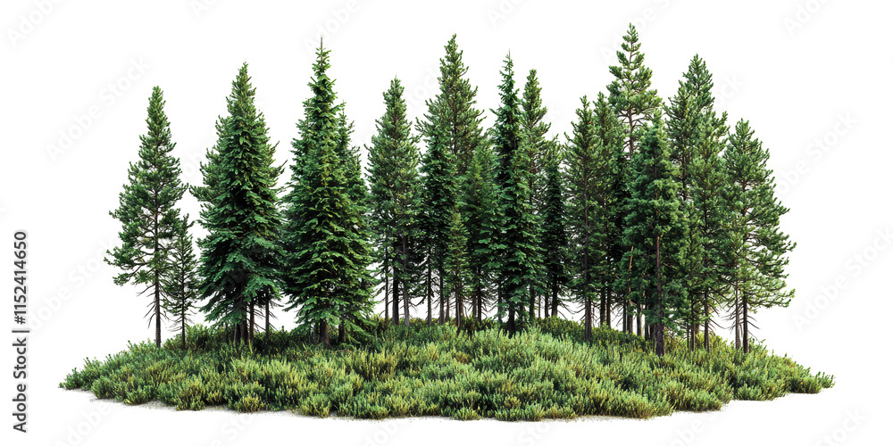 Poster evergreen forest trees with shrubs isolated on transparent background