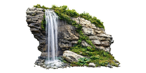 Waterfall cascading over rocky cliff isolated on transparent background