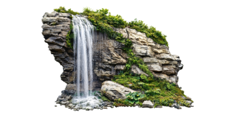 Waterfall cascading over rocky cliff isolated on transparent background