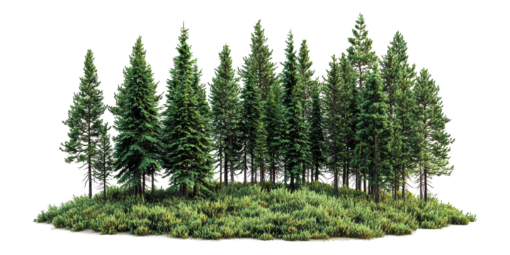 Evergreen forest trees with shrubs isolated on transparent background