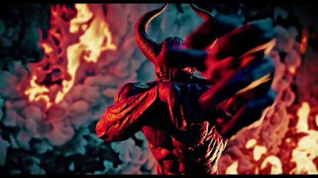 Demonic figure with glowing red eyes standing amidst flames, representing a dark fantasy theme