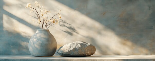 Minimalistic Still Life with Rock and Round Vase in Soft Light