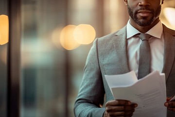 Dressed in stylish suit, man holds documents, exuding profession