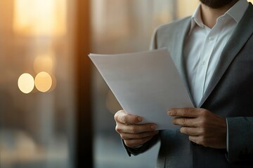 Business professional holding documents, illuminated by soft sun