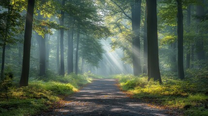 Fototapeta premium Misty forest path lined with tall trees, dappled sunlight filtering through leaves, inviting exploration.
