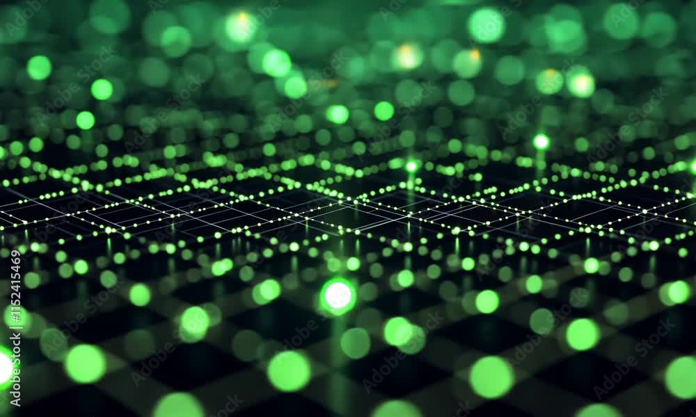 Poster abstract green digital network grid pattern: illuminated nodes and connections in a cyber space