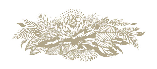 Horizontal floral beige vintage composition. hand drawing. Not AI, Vector illustration.