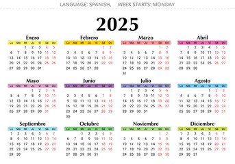 Spanish 2025 year calendar. Vector illustration for Spain
