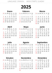 2025 spanish calendars. Vector for Spain. Week starts sunday