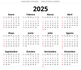 2025 spanish calendars. Vector for Spain. Week starts sunday