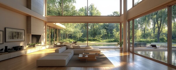 Modern living room interior with large windows and hardwood floor