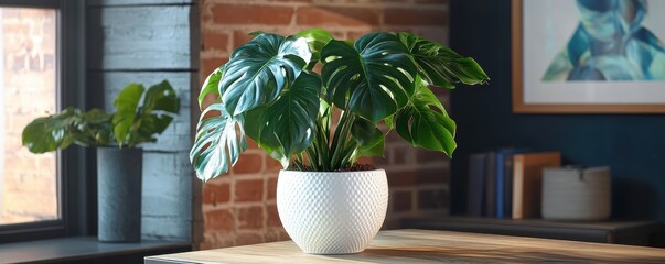 Monstera Plant in White Vase on Desk