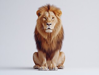 A lion sits against a white background