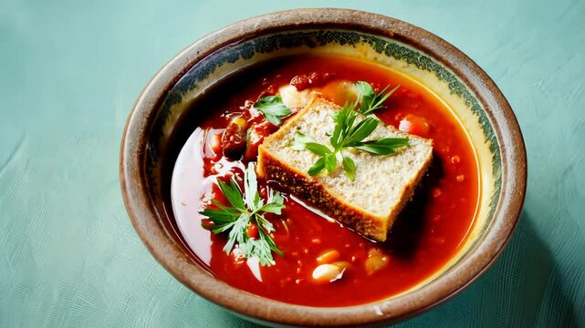 A 360-degree view of traditional Ukrainian borscht served with a slice of rye bread on a light blue tablecloth under cinematic lighting
