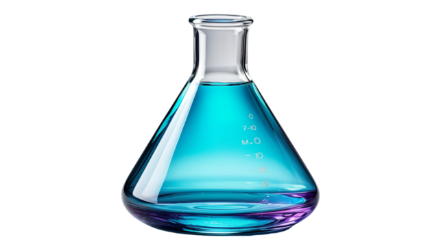 Glass Erlenmeyer flask with a tapered neck, a staple for chemical and scientific applications, studio view, isolated on transparent background.