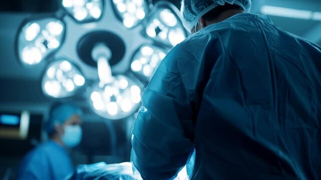 In a modern operating room, a dedicated surgical team focuses on a complex procedure. The environment is sterile, with advanced medical equipment and bright lights aiding the process.