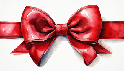 Abstract minimalist watercolor painting of bright red bow on white background. Hand drawn art.