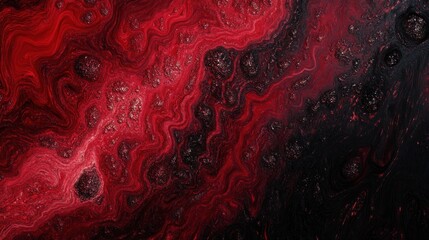 Abstract swirling patterns in red and black, resembling a cosmic or fluidic landscape.
