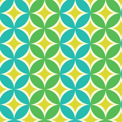 Mid Century Yellow Atomic Starbursts on green and teal circles seamless pattern. For wallpaper, textile and fabric