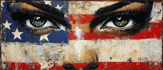 a stylized painting of eyes and an american flag
