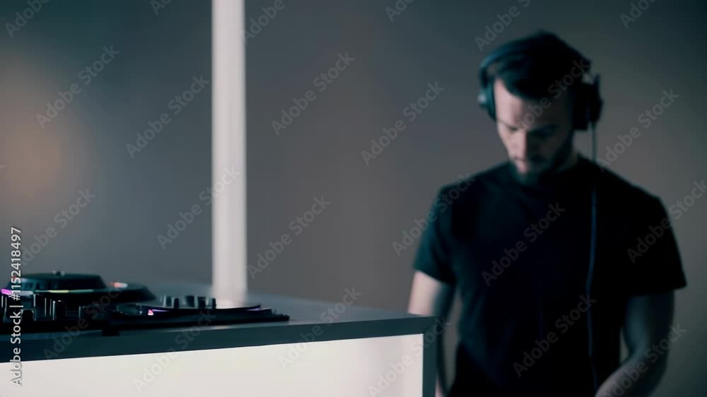 Poster dj performing music on a mixing console in a minimalist space with a modern vibe.