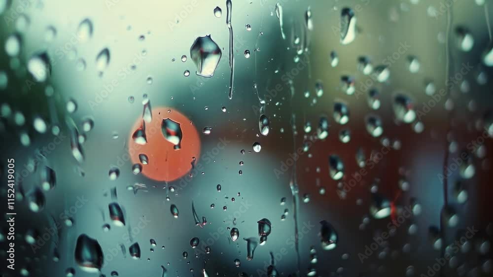 Poster raindrops trickle down a window pane, creating unique patterns while a soft orange glow appears from