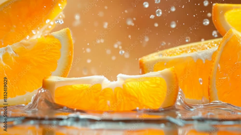 Poster juicy orange slices fall into clear water, creating a dynamic splash that captures the freshness and