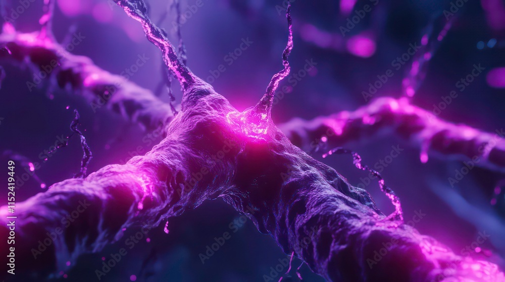 Poster microscopic view of glowing neuron synapses firing.