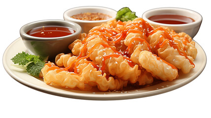 Authentic tempura served hot with dipping sauce on a white plate, showcasing Japanese culinary art, studio view, isolated on transparent background.