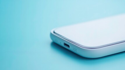 Close-up of sleek white wireless charging case on soft blue background copy space