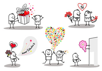 Cartoon stick characters celebrating Valentine's day