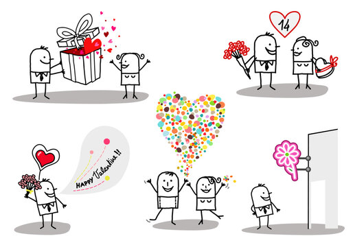 Cartoon stick characters celebrating Valentine's day