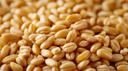 Close-up view of a pile of wheat grains, showcasing their texture and golden color.