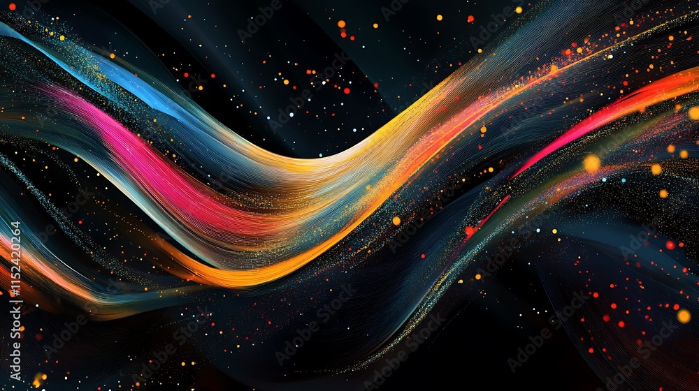 Wall mural colorful sparkling particles swirling through vivid abstract flowing line patterns design