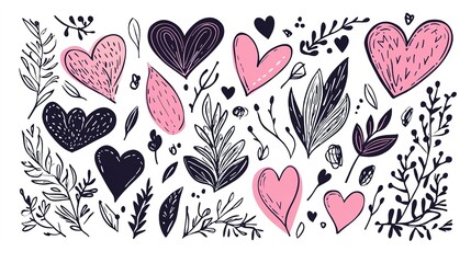 Pink hearts on white, doodle	
