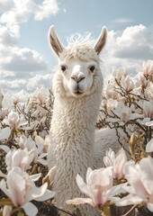Obraz premium Cute alpaca walking in magnolia garden, Funny Animal bathroom poster design, magnolia tree in full bloom, Adorable Alpaca. Generative AI.