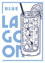 Refreshing blue lagoon cocktail is being served in a highball glass filled with ice cubes, a slice of lemon, and a straw, offering a cool and inviting beverage