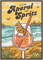 Large glass of aperol spritz cocktail with ice and orange slices on a sandy beach with ocean waves, palm leaves, and a picturesque sunset in the background evoking a sense of summer vacation