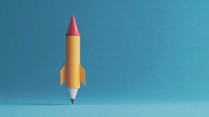 A simple visual representation of online education. In this illustration, a pencil-shaped rocket takes off from a blue background, symbolizing the launch of an educational journey. 