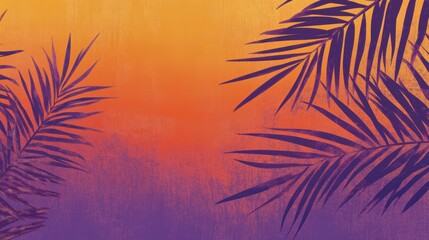 Tropical gradient background with vibrant palm leaf silhouettes and textured brush strokes blending warm orange and purple tones, evoking a tranquil and exotic atmosphere