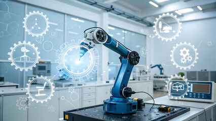 Fototapeta premium a robot is standing on a table in a lab with a lot of icons surrounding it and a laptop on the table
