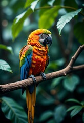 Obraz premium Vibrant Baby Macaw Fledgling Perched in Tropical Rainforest, Vaporwave Style, Copy Space for Text