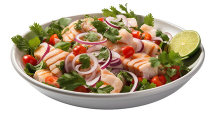 Traditional seafood ceviche in a white bowl, featuring a mix of vegetables, citrus, and herbs, studio view, isolated on transparent background.