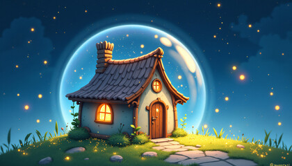 Fototapeta premium Whimsical Cottage in Glass Sphere with Fireflies at Night