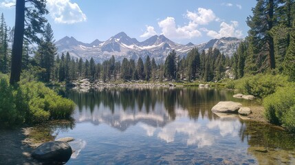 Scenic mountain lake reflecting clouds and trees.